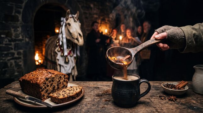 Traditional Welsh Mari Lwyd winter folklore with mulled cider and bara brith