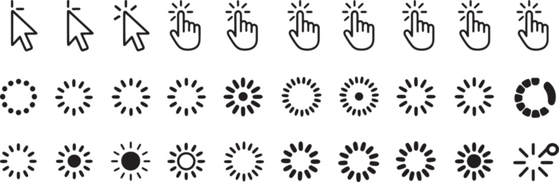 Icons Set with Cursor, Thermometer, Sunburst Loading, and Foot Prints Symbols for User Interface Design Elements