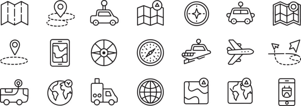 Travel Map Icons Set with Suitcase, Pin, Compass, Plane, Truck, Globe and Destination Routes for Navigation Concepts