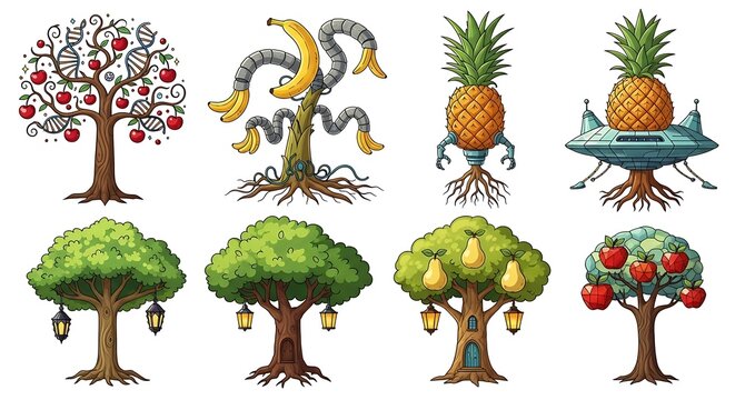Colorful cartoon fruit trees variety.