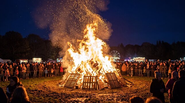 Huge blazing bonfire with sparks and crowd on Guy Fawkes Night celebration