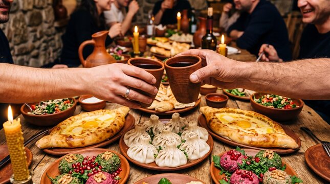 Toasting clay cups of red wine at a traditional Georgian supra feast table