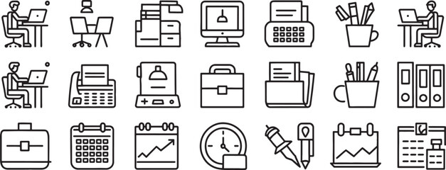Office Icon Set with Computers, Printer, Calendar, Calculator and Documents for Productivity and Work Management Design © md