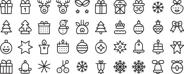 Christmas Icon Set with Gifts, Candles, Ornaments, Bells, Stars, Snowflakes, Trees and Smiling Faces in Line Art © md