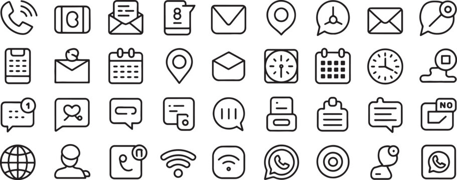 Communication Icons Set with Phone, Envelope, Calendar, Location, Chat Bubbles, Clock, and Social Symbols in Outline Style