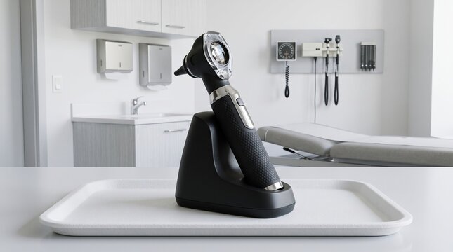 Professional modern otoscope on a charging base in a clean medical clinic examination room for ear diagnostics and ENT care