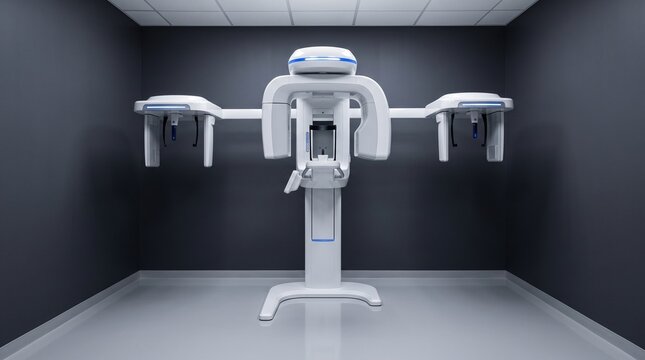 Modern dental panoramic X-ray machine with 3D scanning capability in a sleek clinical room for precise orthodontic diagnostics
