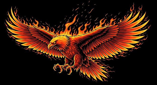 Fiery eagle with outstretched wings in flight illustration.