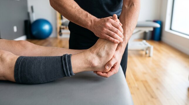 Close-up of professional physiotherapist hands performing manual ankle mobilization and foot therapy for sports injury rehabilitation.