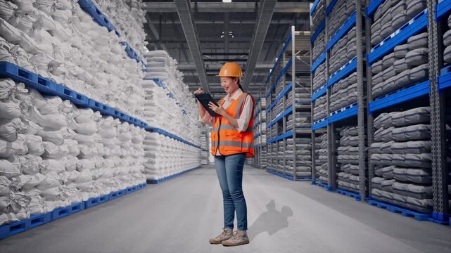 Full Body Side View Of Asian Female Engineer With Safety Helmet Taking Note On The Tablet And Looking Around While Standing at Warehouse Storage with Stacked White Sacks