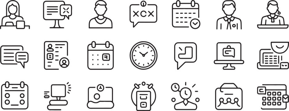 Customer Service Icon Set with Line Art People, Chat Bubbles, Calendar, Clock, and Desk Support Symbols for Help