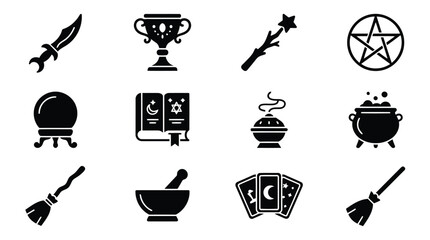 Set of black magic and witchcraft icons featuring wizard tools and mystical occult ritual objects © Mufti