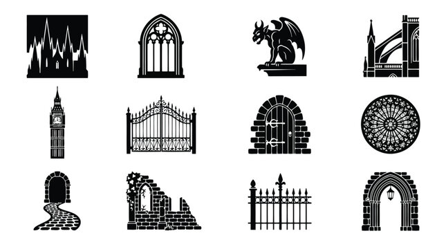 Set of black gothic architecture icons with cathedral gargoyle gate arch and old castle elements