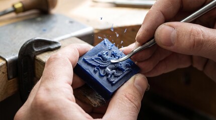 Fototapeta premium Artisan hands precisely carving intricate design into blue wax block on workbench