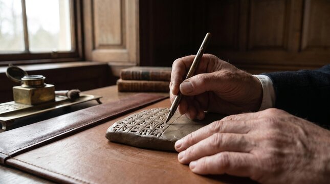 Elderly hands inscribe cuneiform on a clay tablet at a vintage desk in a scholarly setting