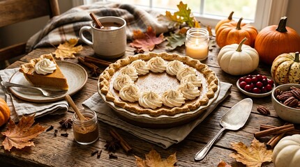 Fototapeta premium Autumn harvest table with pumpkins, pie, and seasonal treats