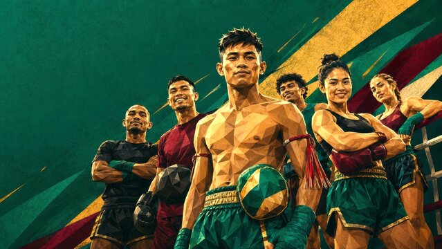 Group of athlete portrait with low poly style, diverse boxer team posing in ring against dramatic green background