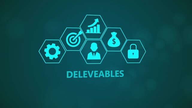 Project Deliverables Infographic Animation with Enterprise Workflow Icons and Business Management Network on Dark Background 4K black background visuals
