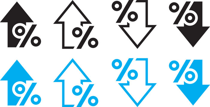 Percentage Growth and Decline Icons Set, Percent Arrow Up and Down Flat and Line Style Vector Symbols
