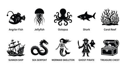 Set of black and white icons featuring sea creatures and pirate adventure elements for design projects © Shahriar