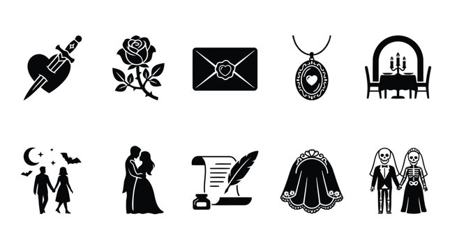 Set of ten black icons for gothic romance love and wedding themes with skeletons and flowers