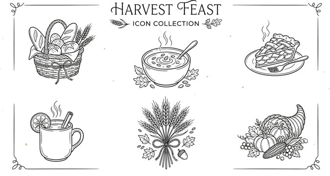 Harvest feast icon collection featuring a basket of food, steaming bowl, pie, mug, wheat, and cornucopia with various fall elements and utensils.