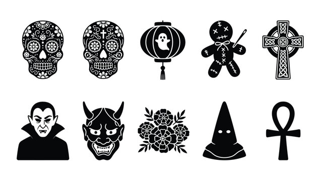 Set of ten spooky halloween and occult symbols in black and white flat graphic design style