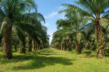 Fototapeta premium Oil palm plantation rows growing under bright blue sky, vibrant green tropical agricultural landscape representing sustainable farming and palm oil industry