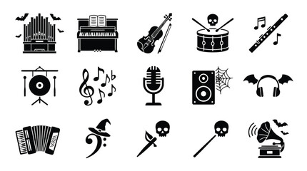 Set of black musical instrument icons with spooky halloween themes and creepy design elements © Ronju