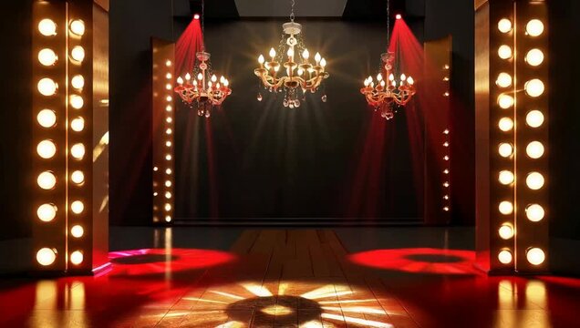 Empty theater stage with vintage chandeliers and red spotlights. Elegant performance venue with warm marquee lights for cabaret or fashion shows.