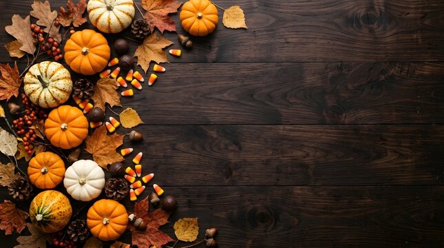 Autumn harvest background with pumpkins and candy corn