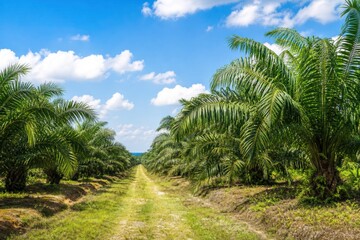 Fototapeta premium Oil palm plantation rows lining a grassy dirt path under a serene blue sky with white clouds, showcasing vibrant tropical agriculture and sustainable bioenergy farming.