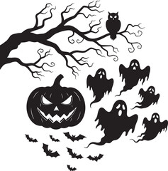 Fototapeta premium Halloween scene silhouette with scary pumpkin, ghosts and owl in tree
