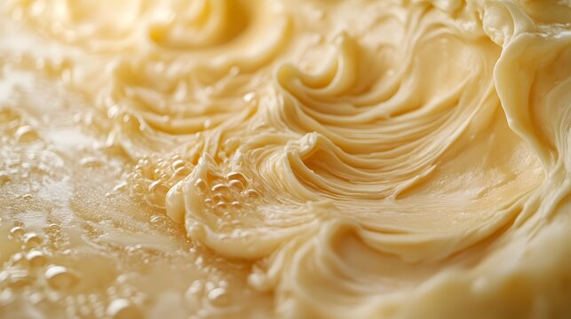 Close-up of golden dough being stretched with visible texture and bubbles forming as it's manipulated for consistency check in a food preparation process, elegantly showcasing mother.