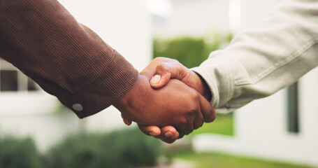 Handshake, real estate and people outdoor for agreement, deal and welcome to neighborhood. Realtor, greeting and men shaking hands for new home, investment and negotiation for property success © peopleimages.com