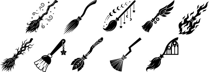 Obraz premium Set of halloween witch broomstick icons with diverse artistic designs and patterns halloween decor halloween