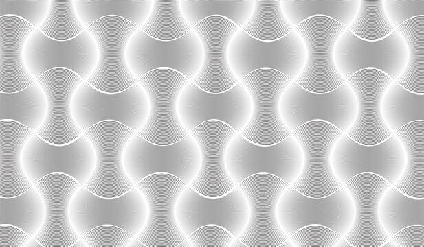 Continuous geometric pattern with interlocking warped halftone shapes on transparent background.