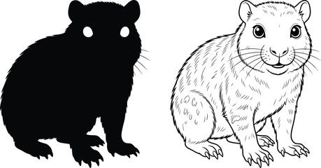 Fototapeta premium Chinchilla or Marmot Rodent with Black Silhouette and Detailed Line Art Illustration