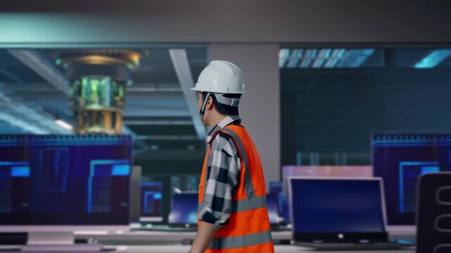 Side View of Asian Male Engineer Walking at Futuristic Quantum Computer Data Center Control Room