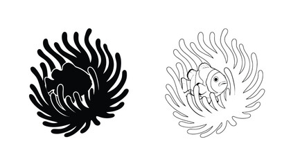Clownfish Hidden in a Sea Anemone Icon Set with Black Silhouette and Outline Clip Art © Hridoy