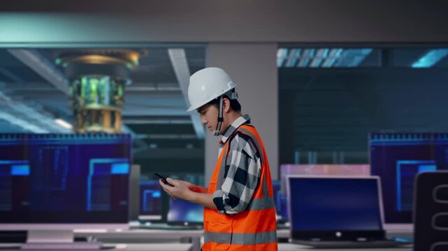 Side View of Asian Male Engineer Use Smartphone While Walking at Futuristic Quantum Computer Data Center Control Room