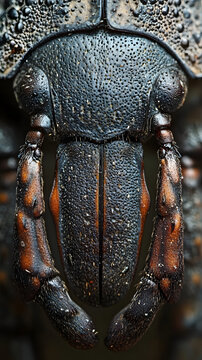 Beetle head and thorax are captured in extreme macro detail showing a dark textured chitinous shell.