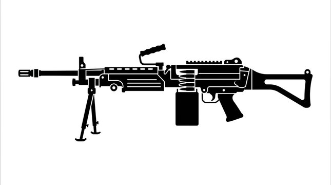 Black Machine Gun Silhouette, Military Weapon, Firearm Icon, Isolated on White
