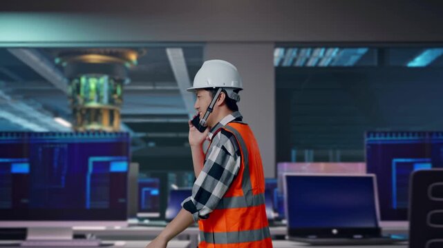 Side View of Asian Male Engineer Talking On Smartphone While Walking at Futuristic Quantum Computer Data Center Control Room