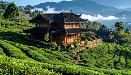 Fototapeta premium Traditional Asian house on tea plantation.