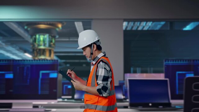 Side View of Asian Male Engineer Taking Note on Tablet While Walking at Futuristic Quantum Computer Data Center Control Room