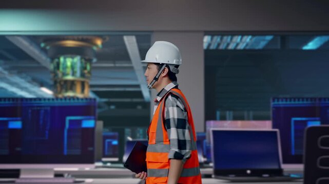Side View of Asian Male Engineer Holding Tablet While Walking at Futuristic Quantum Computer Data Center Control Room