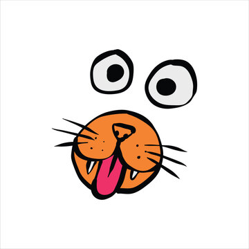 Funny orange cat face sticking out tongue with wide open eyes.