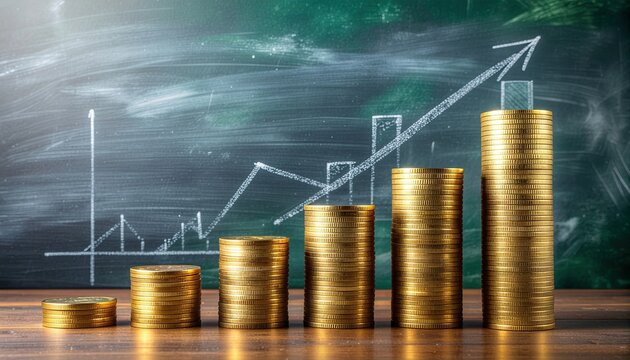 Coins stacked in ascending order on a wooden desk with a chalkboard background showing a rising graph.