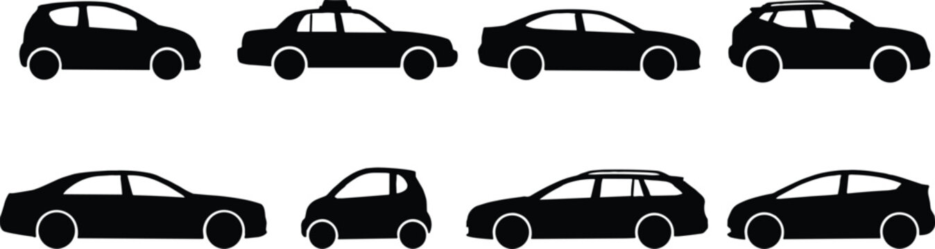 Car body types silhouette collection set featuring sedan hatchback suv station wagon taxi and smart microcar side view